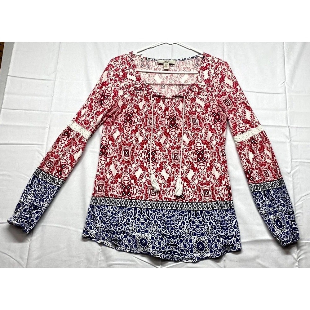 Vintage America Blues Peasant Blouse Womens Small Multicolor Casual Floral Print